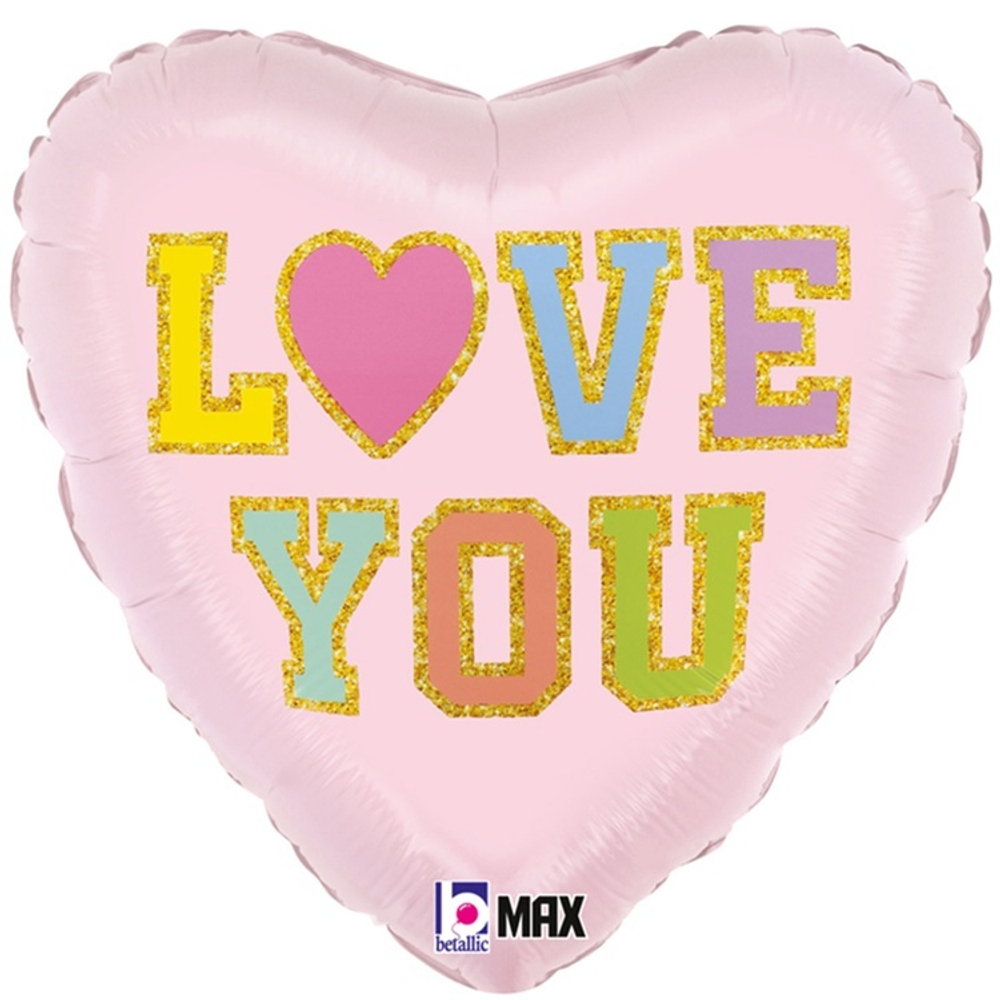 Нежно-розовое сердце из фольги с гелием с надписью Love you