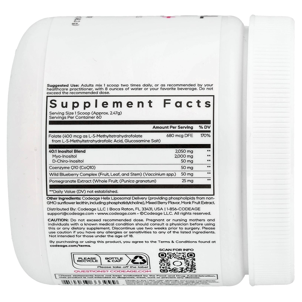 Codeage, липосомальный инозитол+ для поддержки яичников, в виде порошка, ягодный вкус, 148,2 г (5,2 унции)