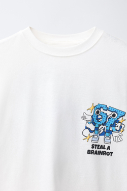 ZARA ФУТБОЛКА С ПРИНТОМ STEAL A BRAINROT © SPYDER GAMES, БЕЛЫЙ