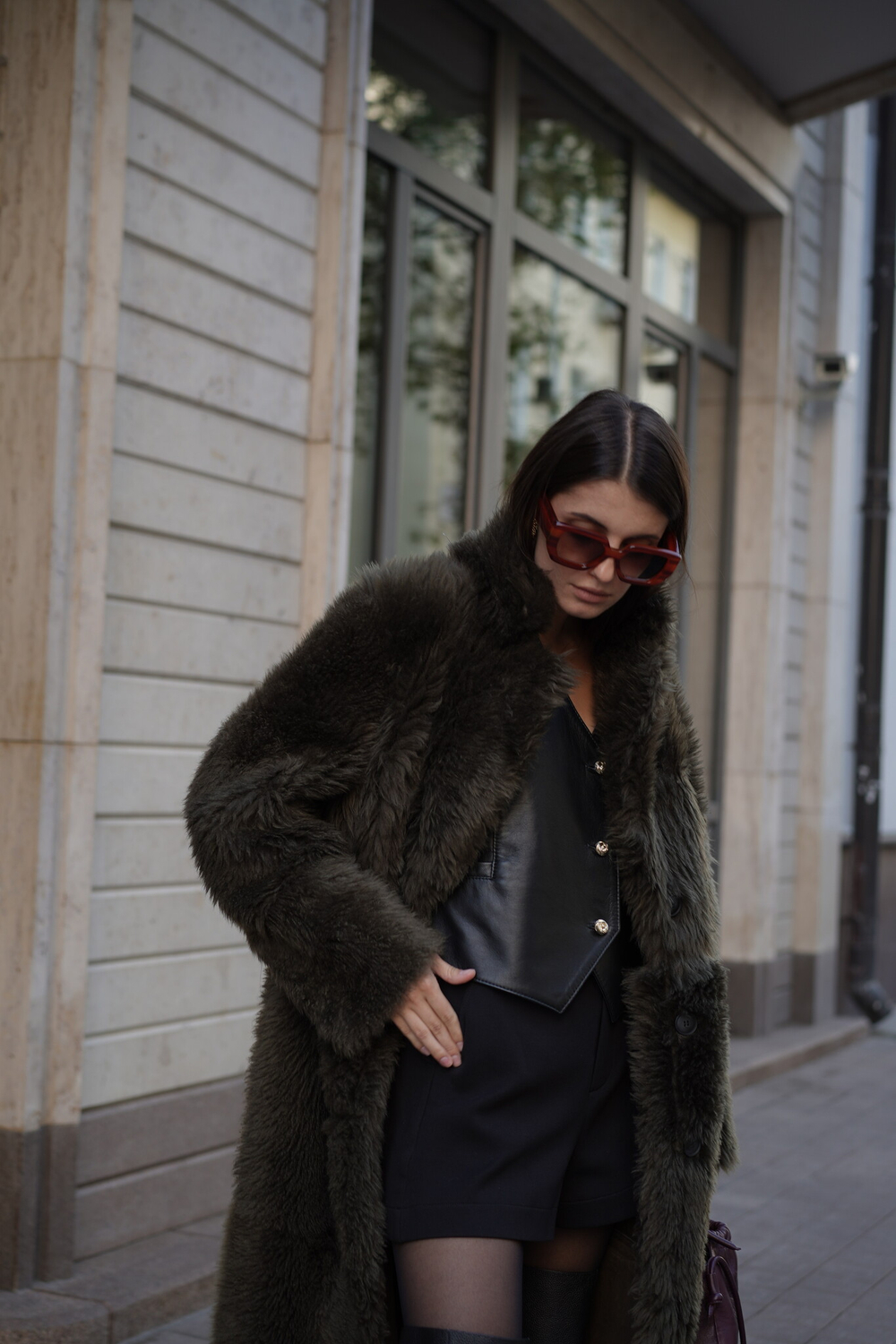 Дубленка двусторонняя Тиградо хаки удлиненная