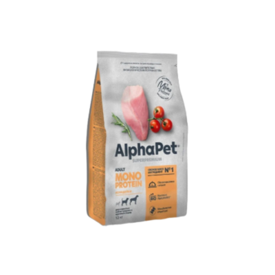 Cухой корм для взрослых собак средних и крупных пород AlphaPet Superpremium Monoprotein (АльфаПет) 12кг из индейки