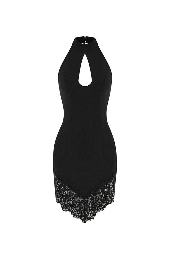 Платье мини из крепа и кружева с вырезом