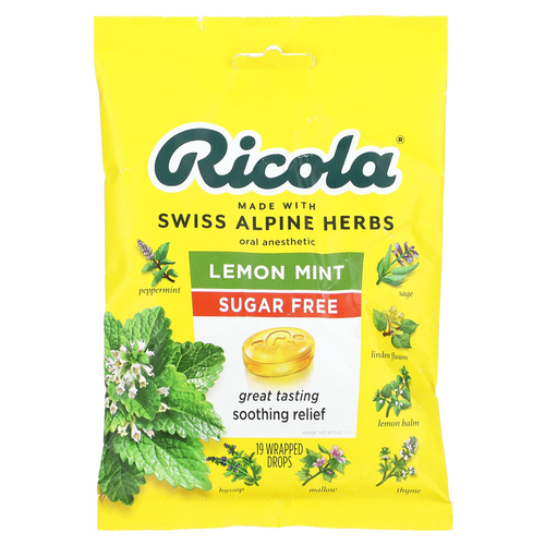 Ricola, Анестетик для перорального применения, без сахара, лимон и мята, 1,1 мг, 19 капель в оболочке
