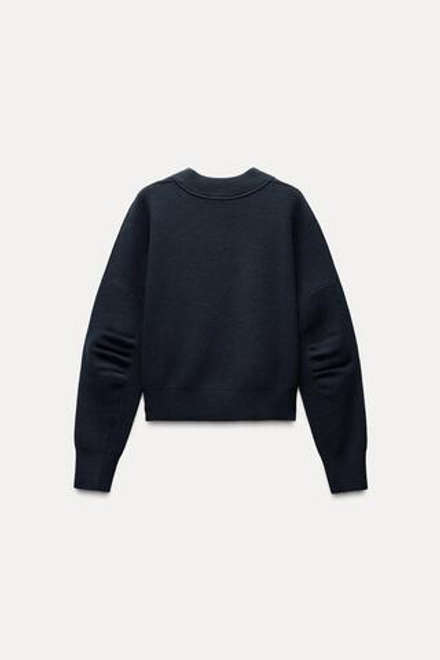 ZARA ТРИКОТАЖНЫЙ СВИТЕР СО СКЛАДКАМИ НА РУКАВАХ, МОРСКОЙ СИНИЙ