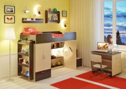 Кровать-чердак КарИВи Легенда 3.6 с полками  Дуб Молочный Венге