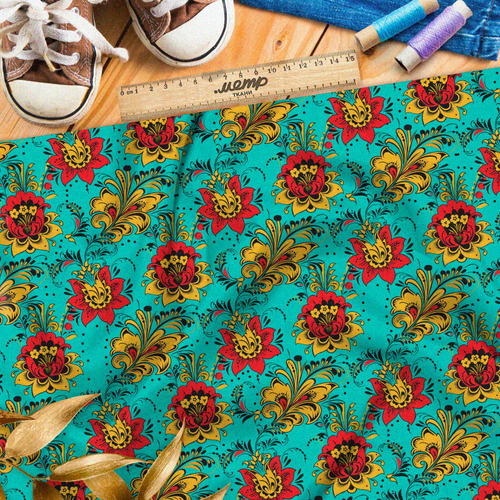 Ткань шелк Армани редкая цветочная хохлома на бирюзовом фоне