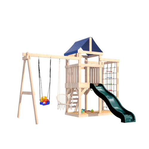 Детская площадка неокрашенная с сеткой стенкой для лазания, качелями 3 в 1 и плетенным креслом