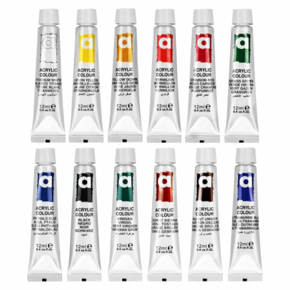 Краски акриловые художественные 12 цветов в тубах по 12 мл, BRAUBERG HOBBY, 192403