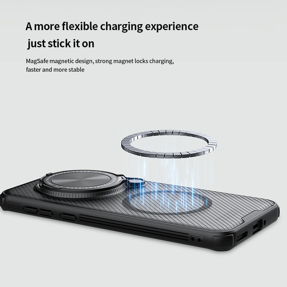 Чехол прозрачный тонированный (Transparent Black) от Nillkin с металлической крышкой и MagSafe на Huawei Honor Magic 7 Pro, серия CamShield Prop Magnetic Case