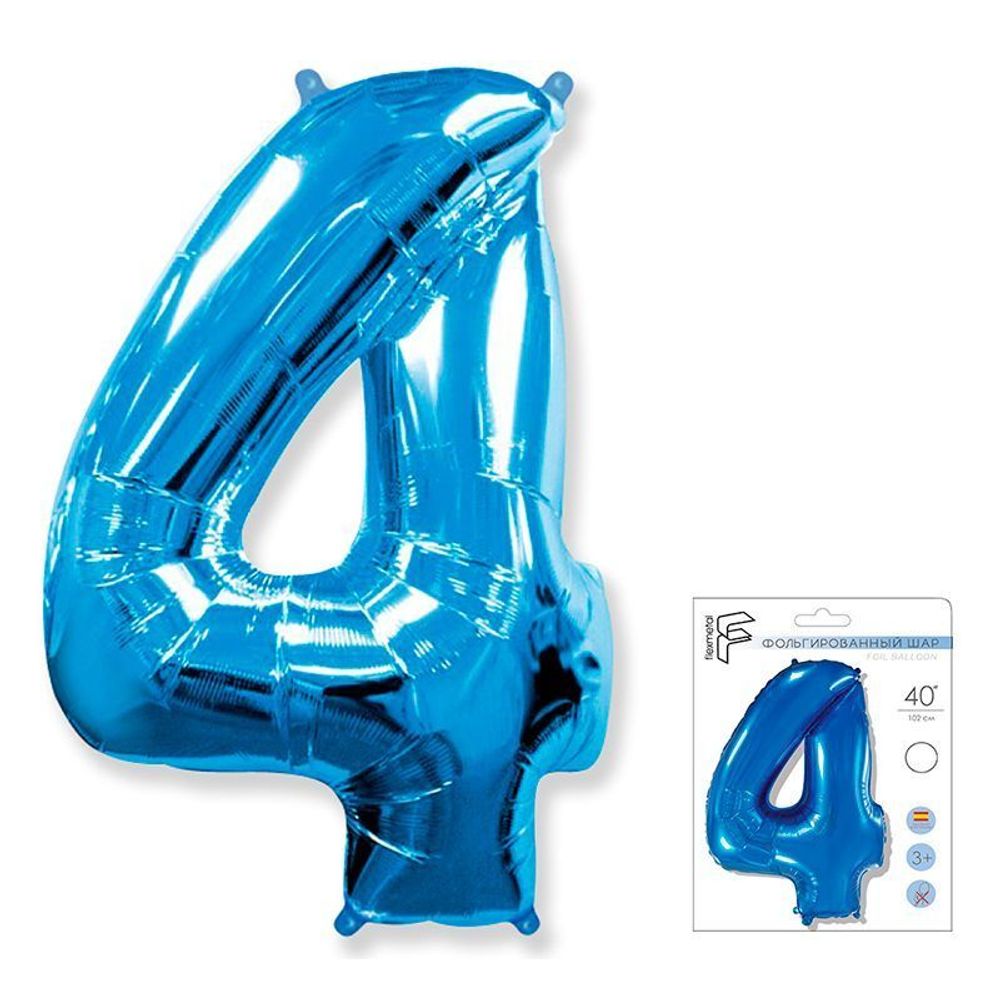 Шар (40"/102 см) Цифра "4" Синий в упаковке / Four