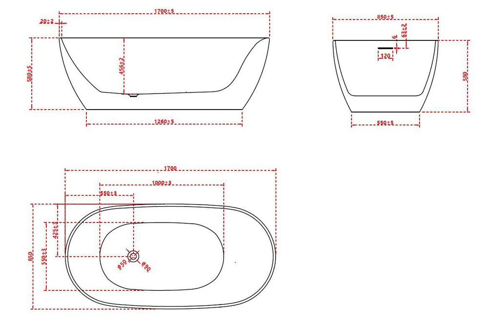 Ванна акриловая Vincea VBT-601-1700, 1700*800*580, цвет белый, щелевой перелив