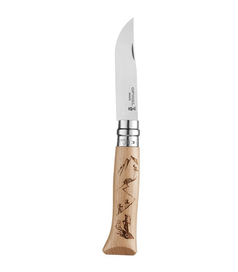 Складной нож Opinel №8 Alpine adventures, нержавеющая сталь, рукоять дуб, гравировка пеший туризм c клинком из стали Sandvik™ 12С27