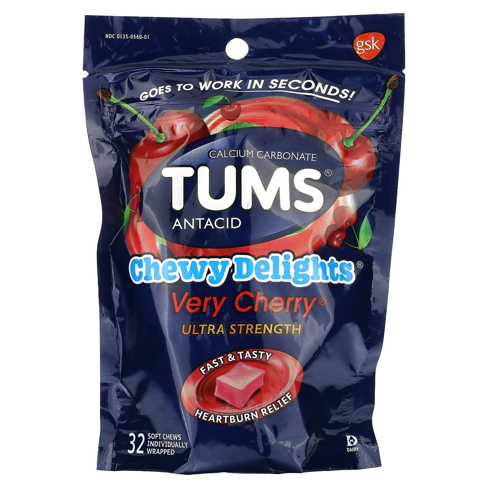 Tums, Сверхсильный антацид, вишня, 32 жевательных таблетки (1177 мг в 1 жевательной таблетке)