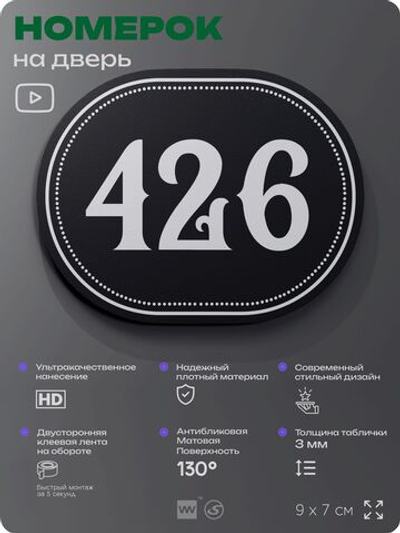 Номерок на дверь квартиры 426, для кабинета, офиса, шильдик 9 х 7 см, черный, Айдентика Технолоджи