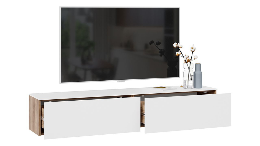 Тумба под телевизор подвесная Яблоня Беллуно/Белый софт 180х37х33 см