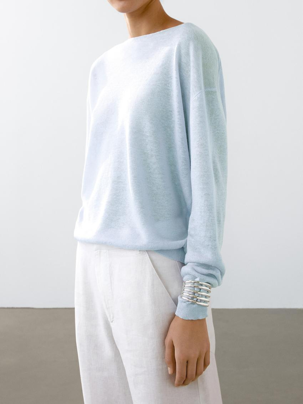 Massimo Dutti Свитер тонкой вязки из 100% льна, небесно-голубой