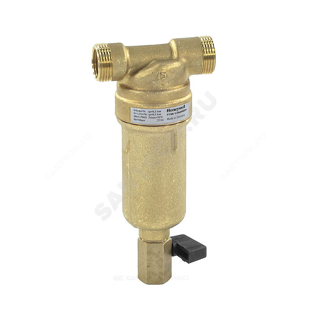 Фильтр сетчатый T-образный латунь Ду 25 Ру25 Тмакс=80 oC G1" НР FF06 с краном Honeywell-Braukmann FF06-1"AAM