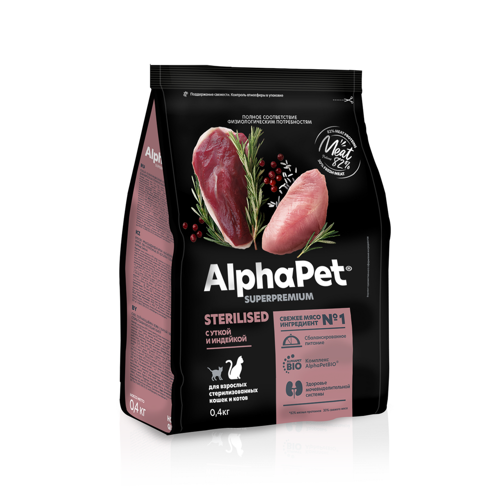 Сухой корм AlphaPet Superpremium Sterilised для стерилизованных кошек с уткой и индейкой - 0,4 кг