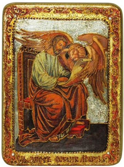 Инкрустированная икона Святой апостол и евангелист Марк 29х21см на натуральном дереве в подарочной коробке