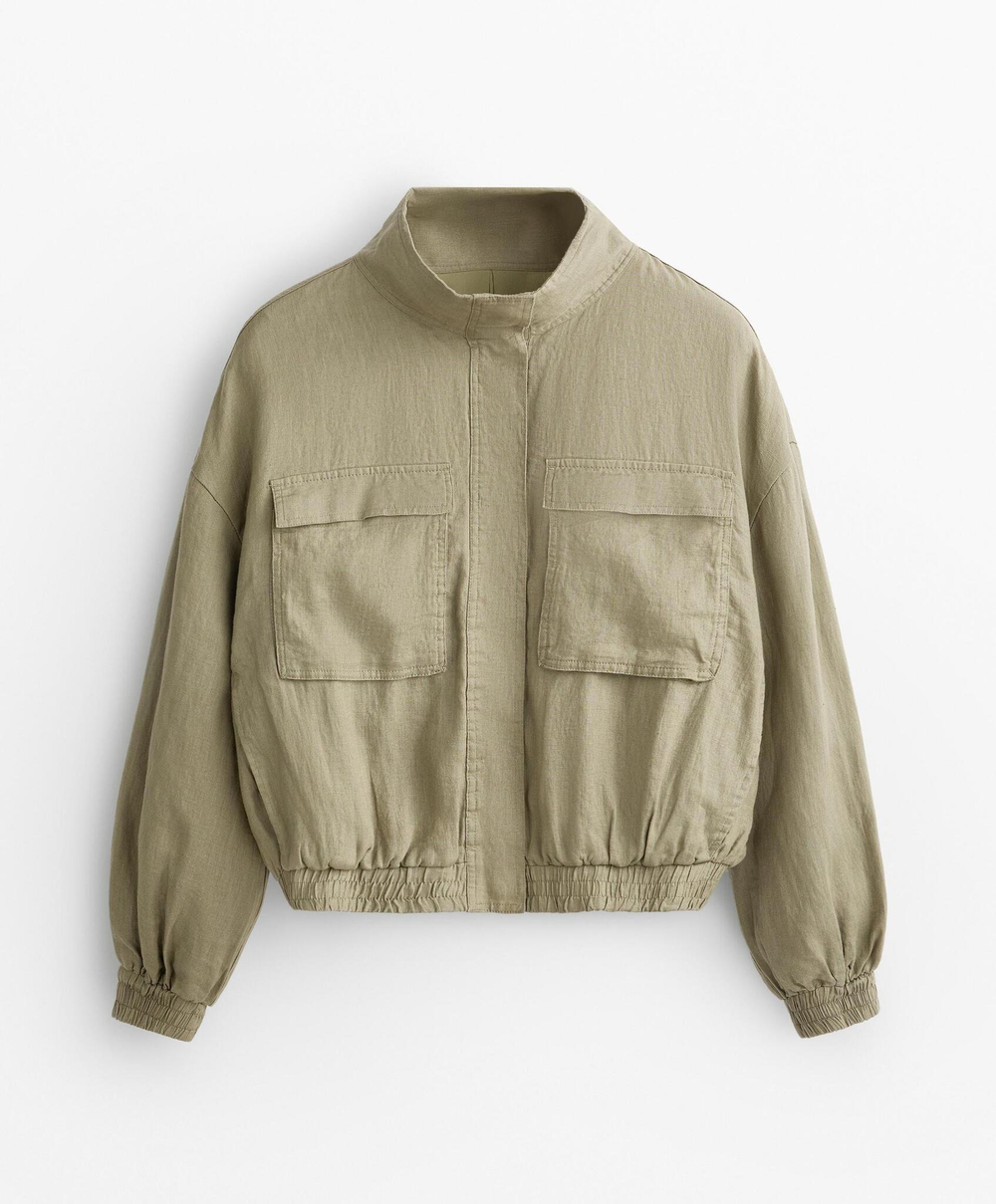 Oysho Куртка-бомбер из 100%-го льна, линялый хаки
