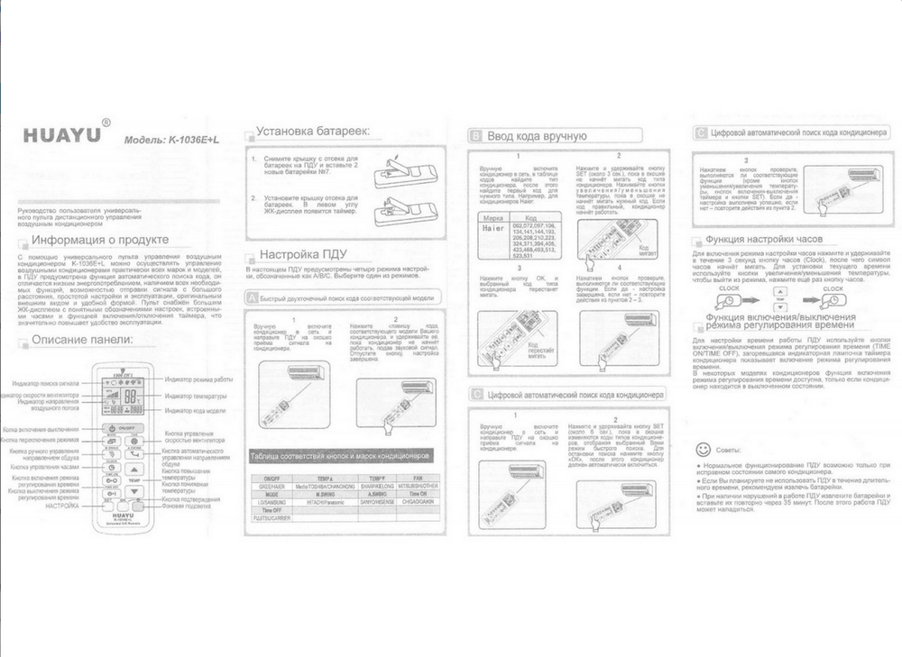 Пульт для кондиционеров универсальный K-1036E+L Huayu