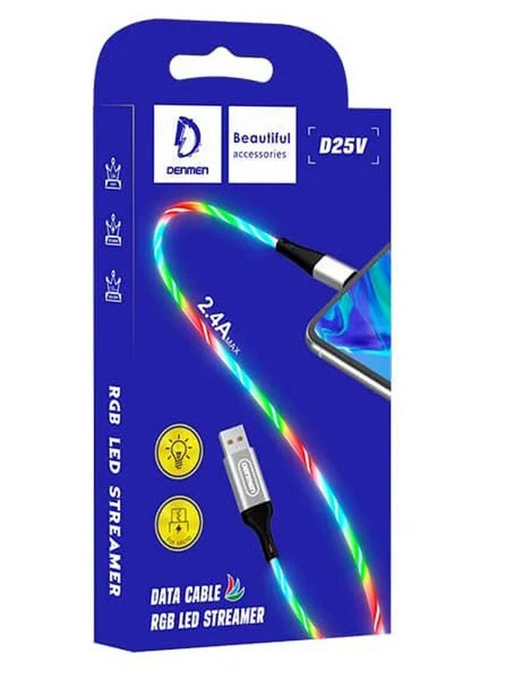 Кабель USB - TypeC DENMEN D25T 2.1A светящийся (MIX) 1м