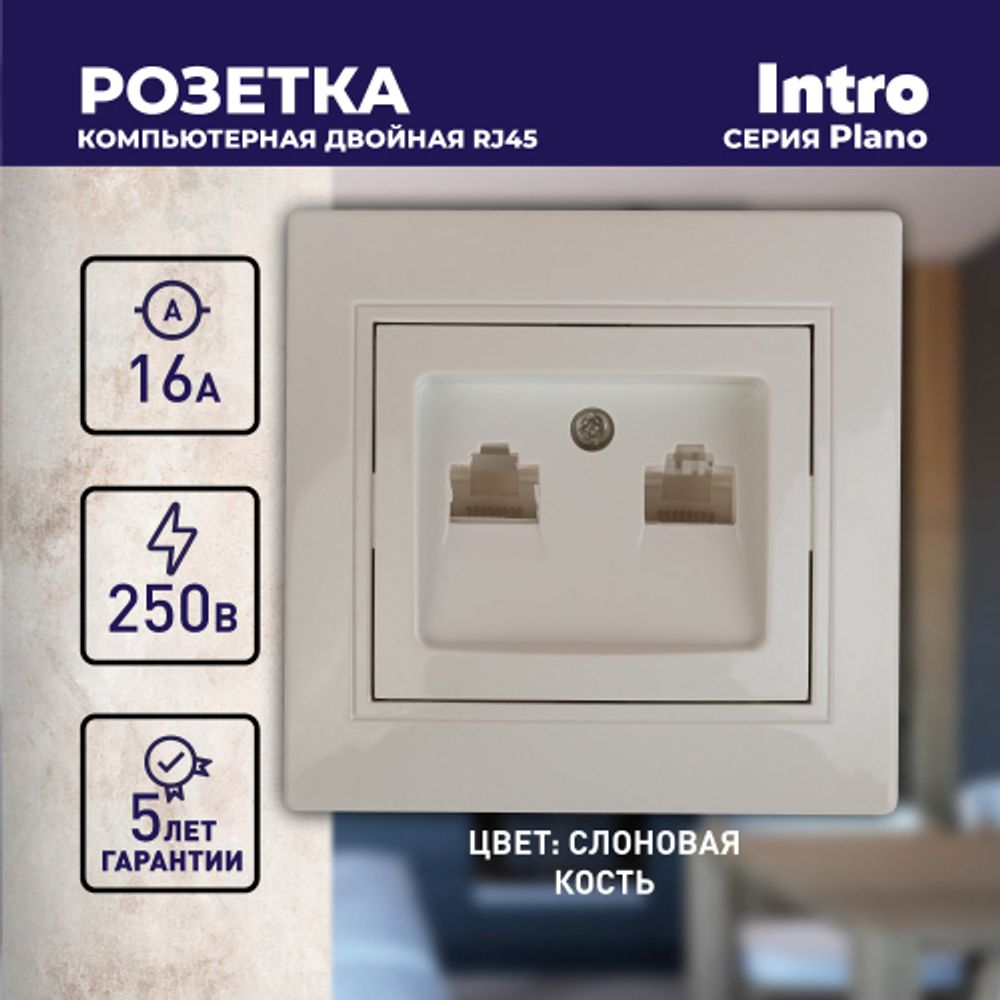 Розетка Intro Plano 1-304-02 информационная двойная 2xRJ45, СУ, слоновая кость