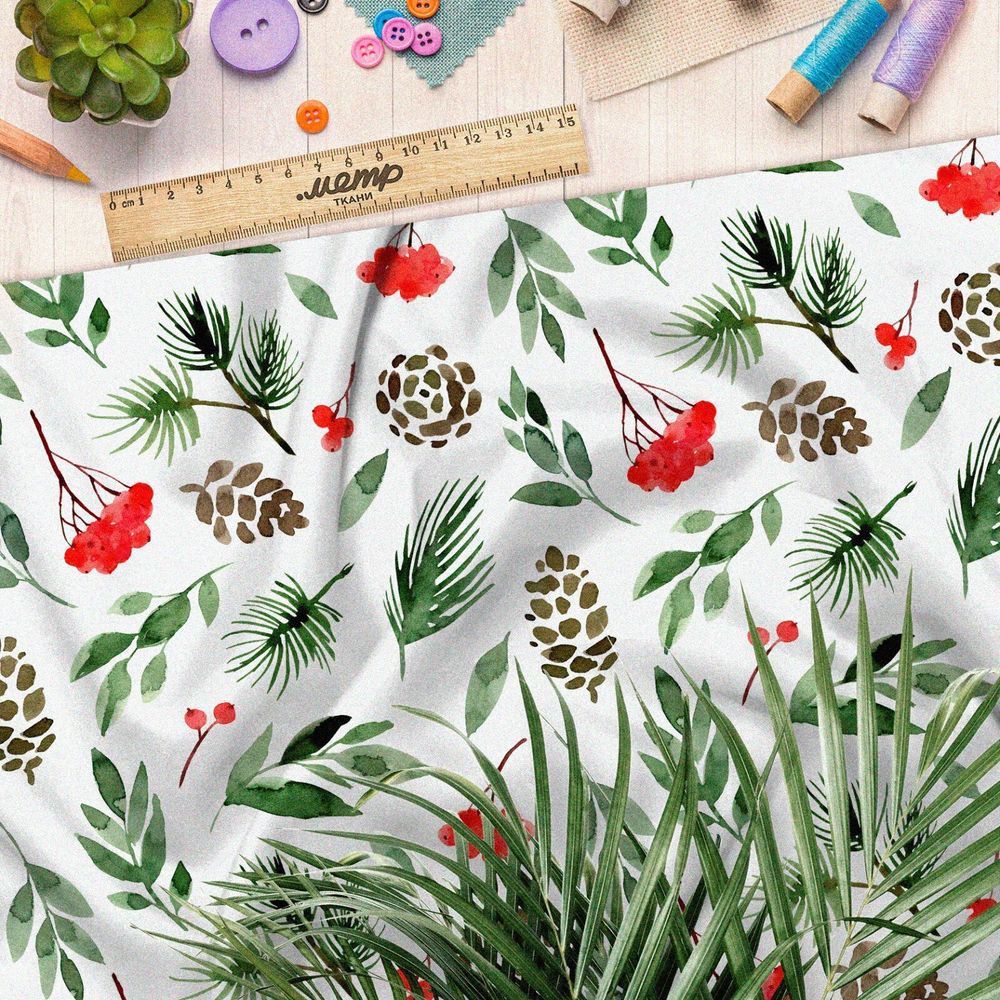 Ткань сатин рябина с шишками и листьями