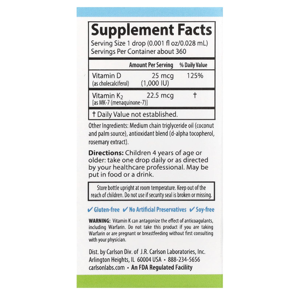 Carlson, Super Daily D3+K2 для детей, 25 мкг (1000 МЕ) и 22,5 мкг, 10,16 мл (0,34 жидк. унции)