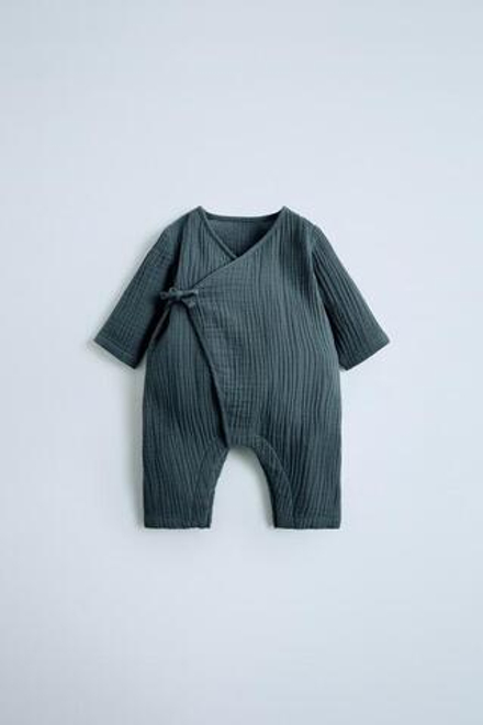 ZARA ДЛИННОЕ КИМОНО ИЗ КРЕПА, СЕРО-СИНИЙ
