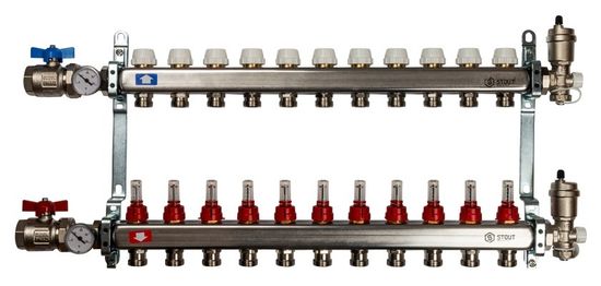 Коллектор Stout 1" x 3/4" на 11 контуров с расходомерами в сборе (нерж. сталь) SMS-0907-000011