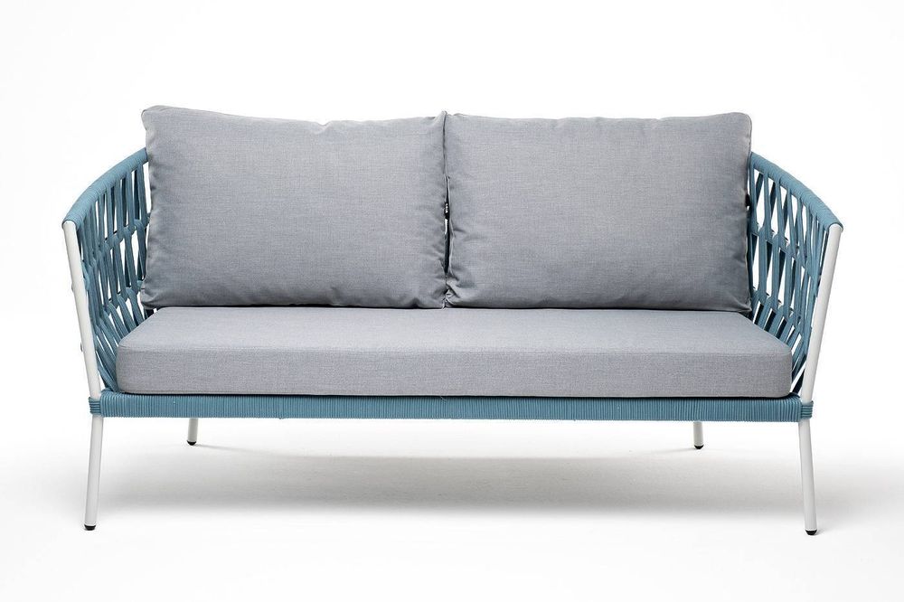 "Диего" диван 2-местный плетеный из роупа, каркас алюминий светло-серый (RAL7035) муар, роуп бирюзовый круглый, ткань светло-серая