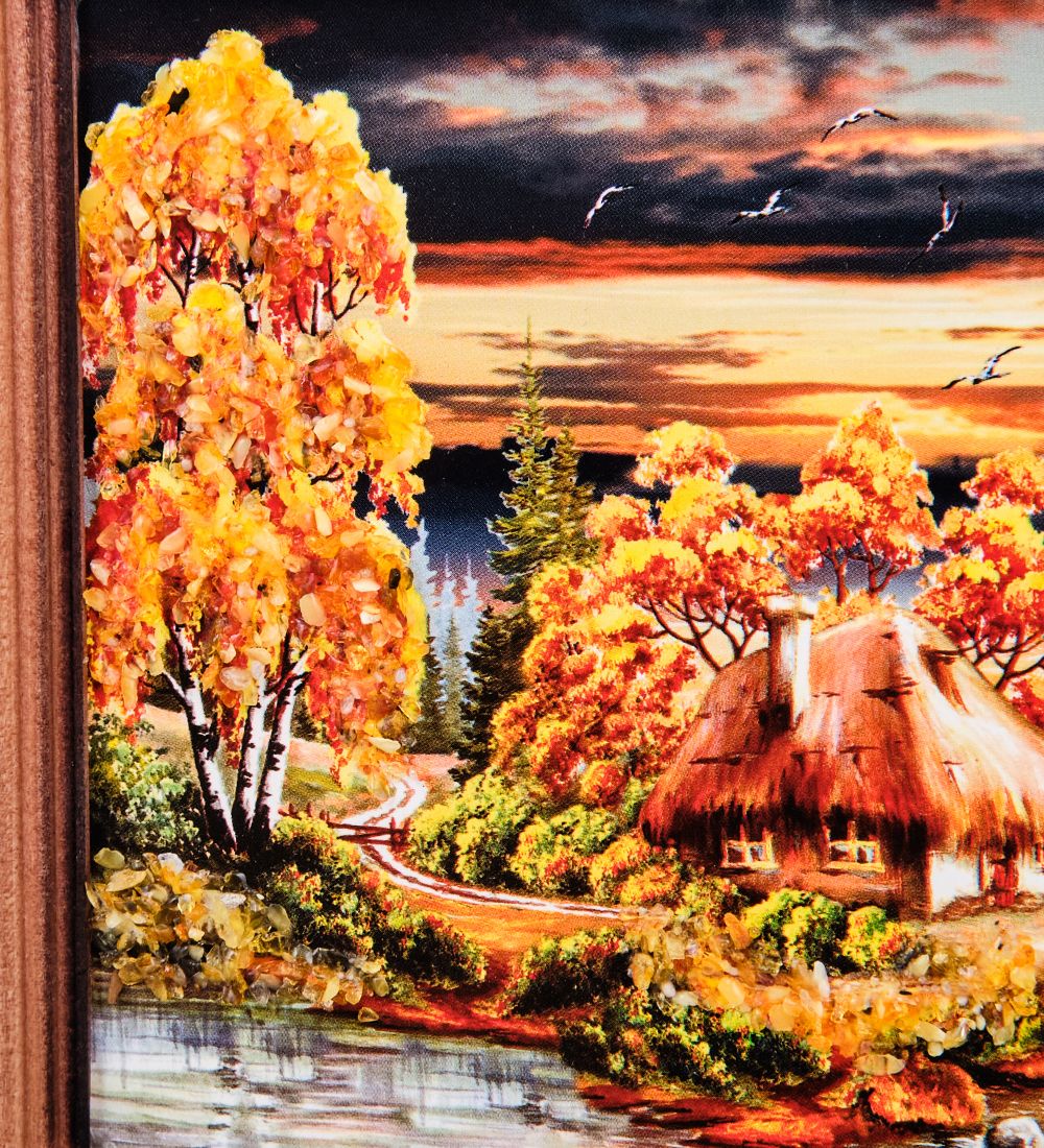 AMB-74/45 Картина «Избушка в лесу» (с янтарной крошкой) дер.краш.рамка 12х15