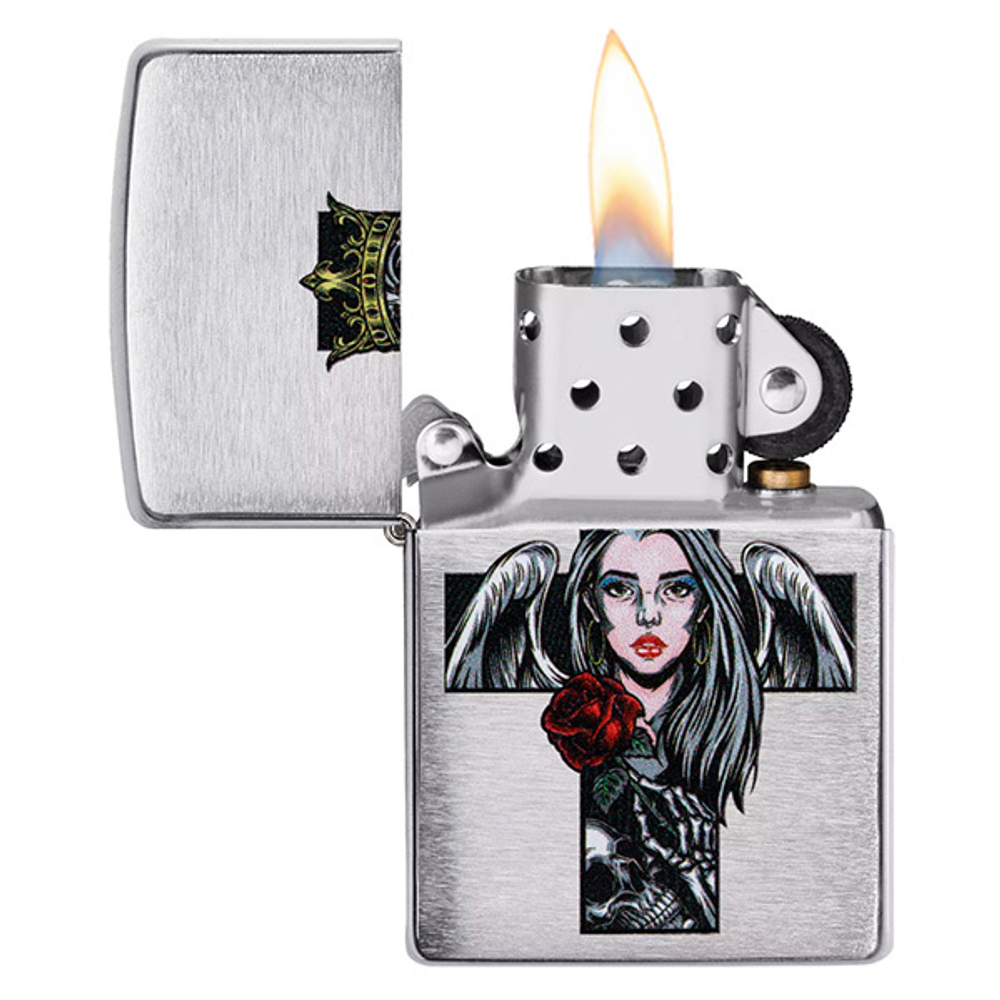 Зажигалка Zippo Cross Queen and Skull Design с покрытием Brushed Chrome