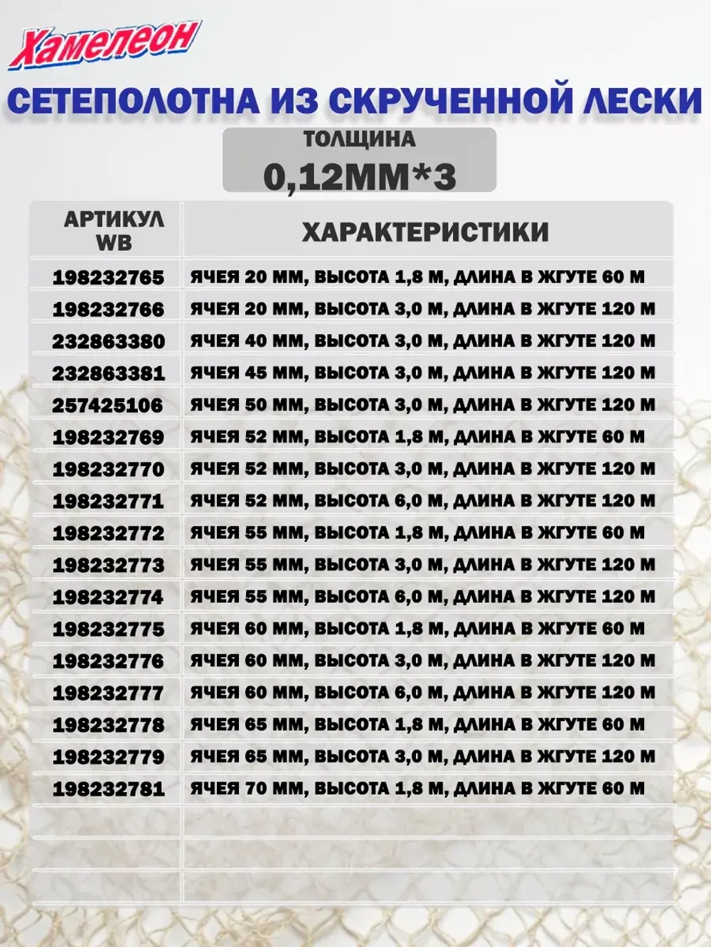 Сетеполотно скр.леска 0,20мм*12, яч. 70мм, высота 6,0м зел