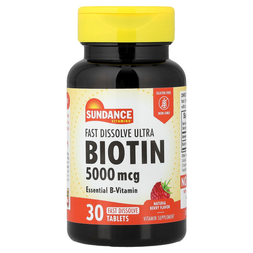 Sundance Vitamins, биотин, натуральные ягоды, 5000 мкг, 30 быстрорастворимых таблеток