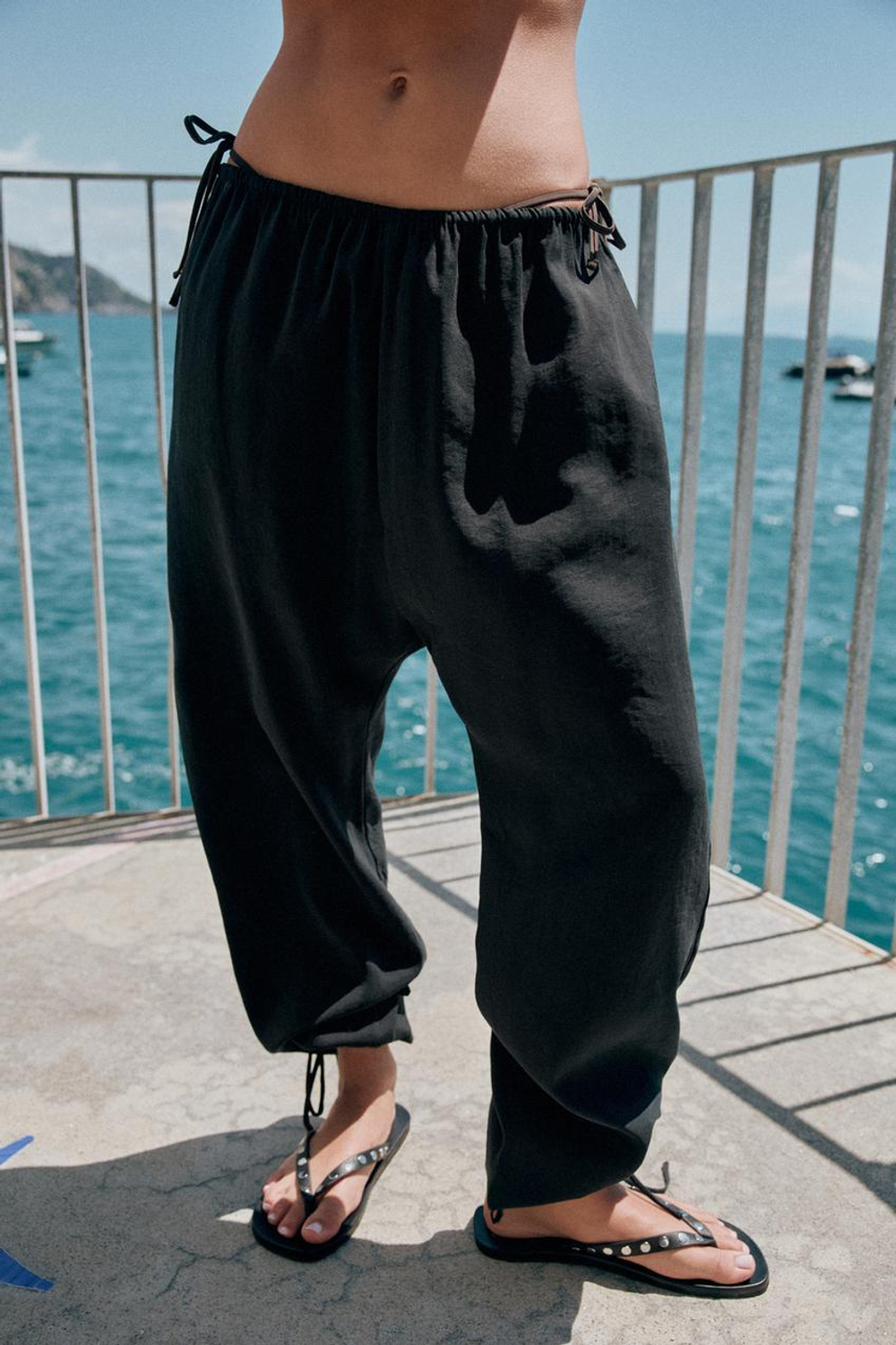 ZARA БРЮКИ BAGGY С ЛЕНТАМИ, ЧЕРНЫЙ