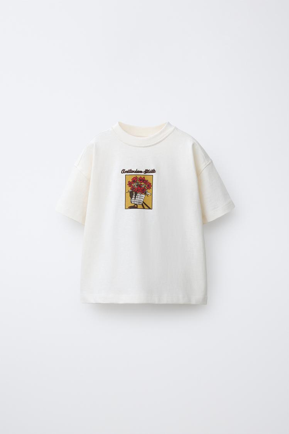 ZARA ФУТБОЛКА С ЦВЕТОЧНОЙ ВЫШИВКОЙ, ЭКРЮ