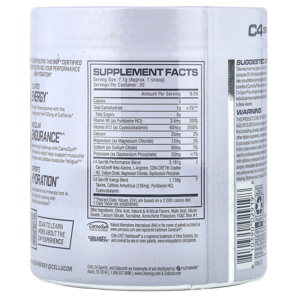 C4 / Cellucor, C4 Sport, предтренировочный, голубая малина,  213 г (7.5 унций)