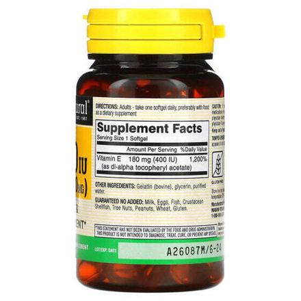 Витамин Е Mason Natural, витамин E, 180 мг (400 МЕ), 100 мягких таблеток