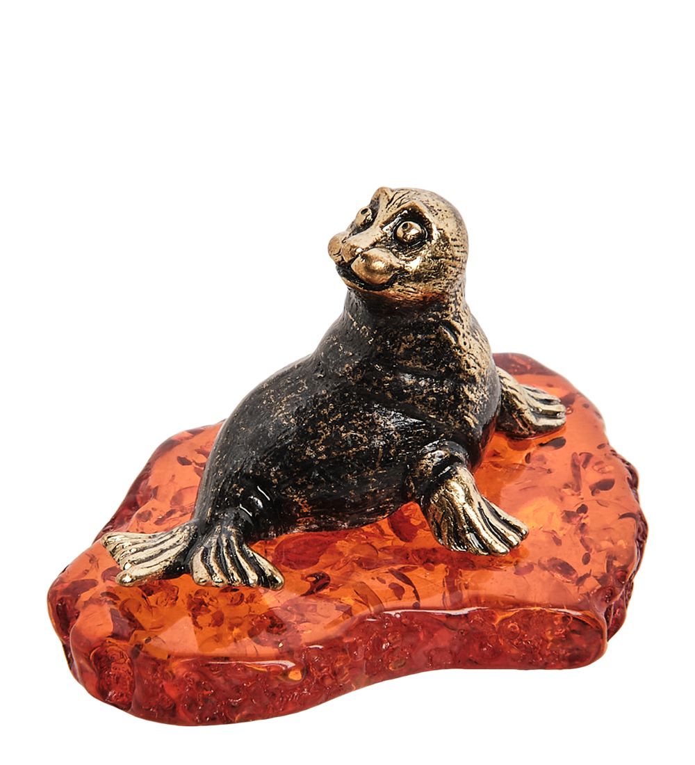 Народные промыслы AM- 582 Фигурка «Тюлень» (латунь, янтарь)