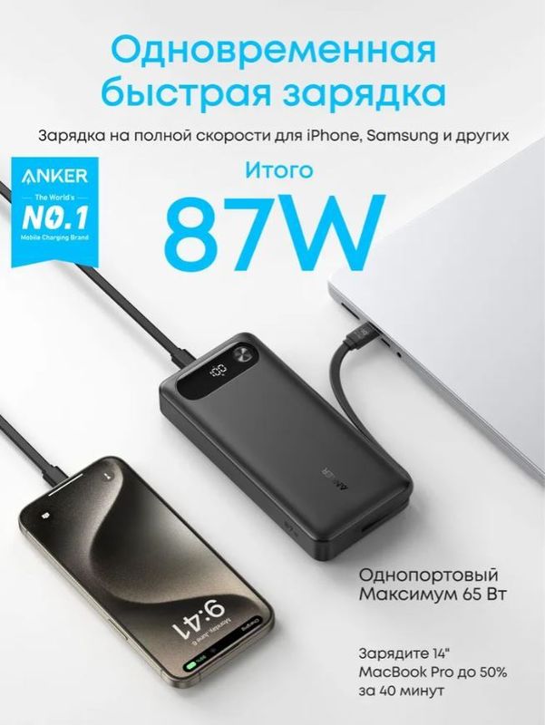 Внешний аккумулятор Anker (20000 мАч, 87 Вт, встроенный кабель USB-C), чёрный (A1383)