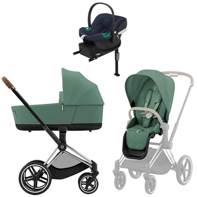 Коляска Cybex Priam IV Chrome Brown complete Aton B2 Bay Blue Base One 4 в 1 Leaf Green