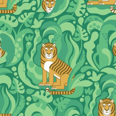 Тигры в тропическом лесу на зеленом