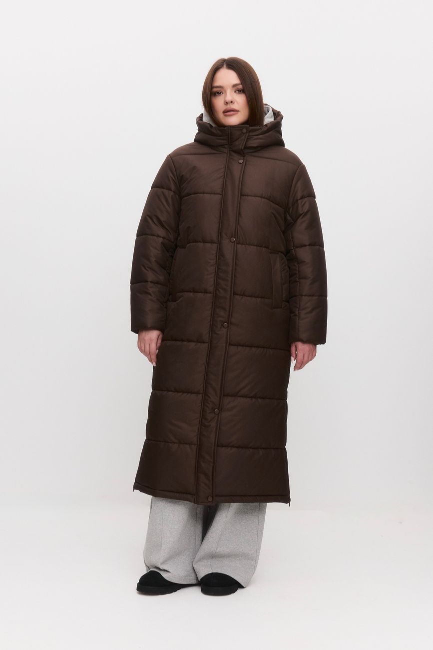 Пуховик длинный стеганый, шоколад