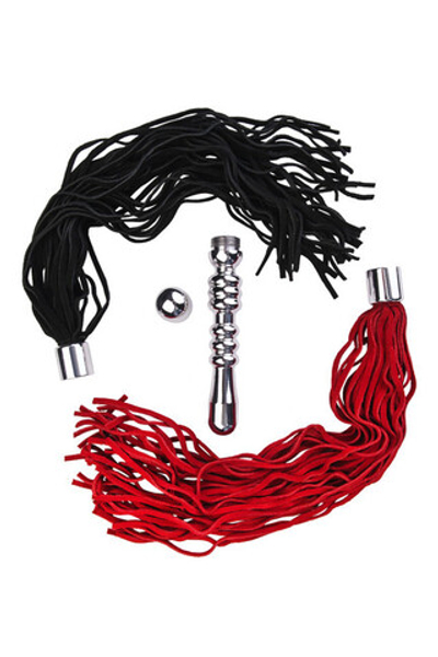 Стимулятор ануса с двумя сменными плетками Toyfa (Цвет: серебряный с черным и красным)