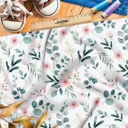 Ткань футер 2-х нитка нежные розовые цветы и полевые листья