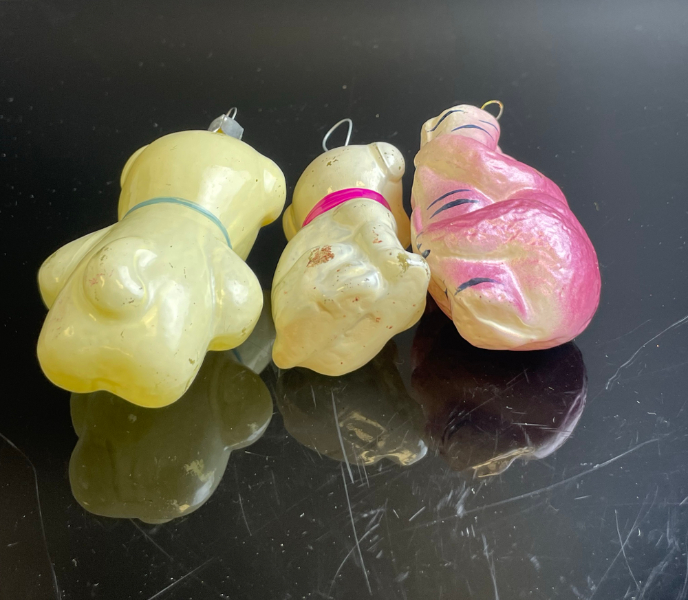 Ёлочные игрушки набор из 3х разных, мишка на березе, собачки, стекло, подвесные, винтаж СССР 1960-1980 гг