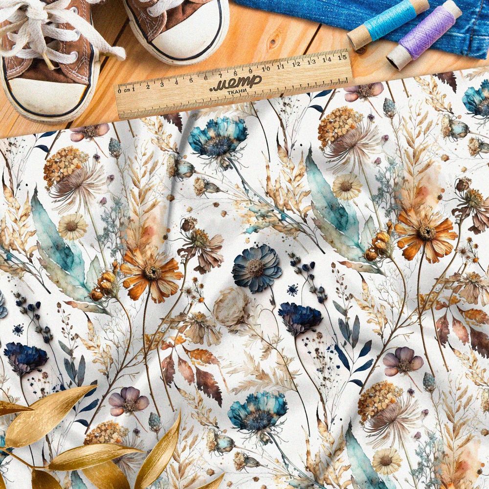 Ткань муслин сухоцветы васильки и герберы
