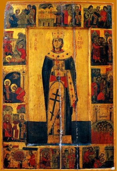 Екатерина Александрийская святая великомученица со сценами жизни деревянная икона на левкасе